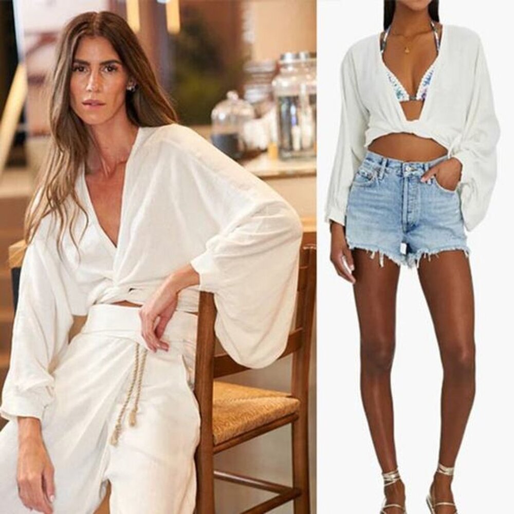NEW Just Bee Queen Adri Tie Front V-Neck Banded Cuff Balloon Sleeve Top White